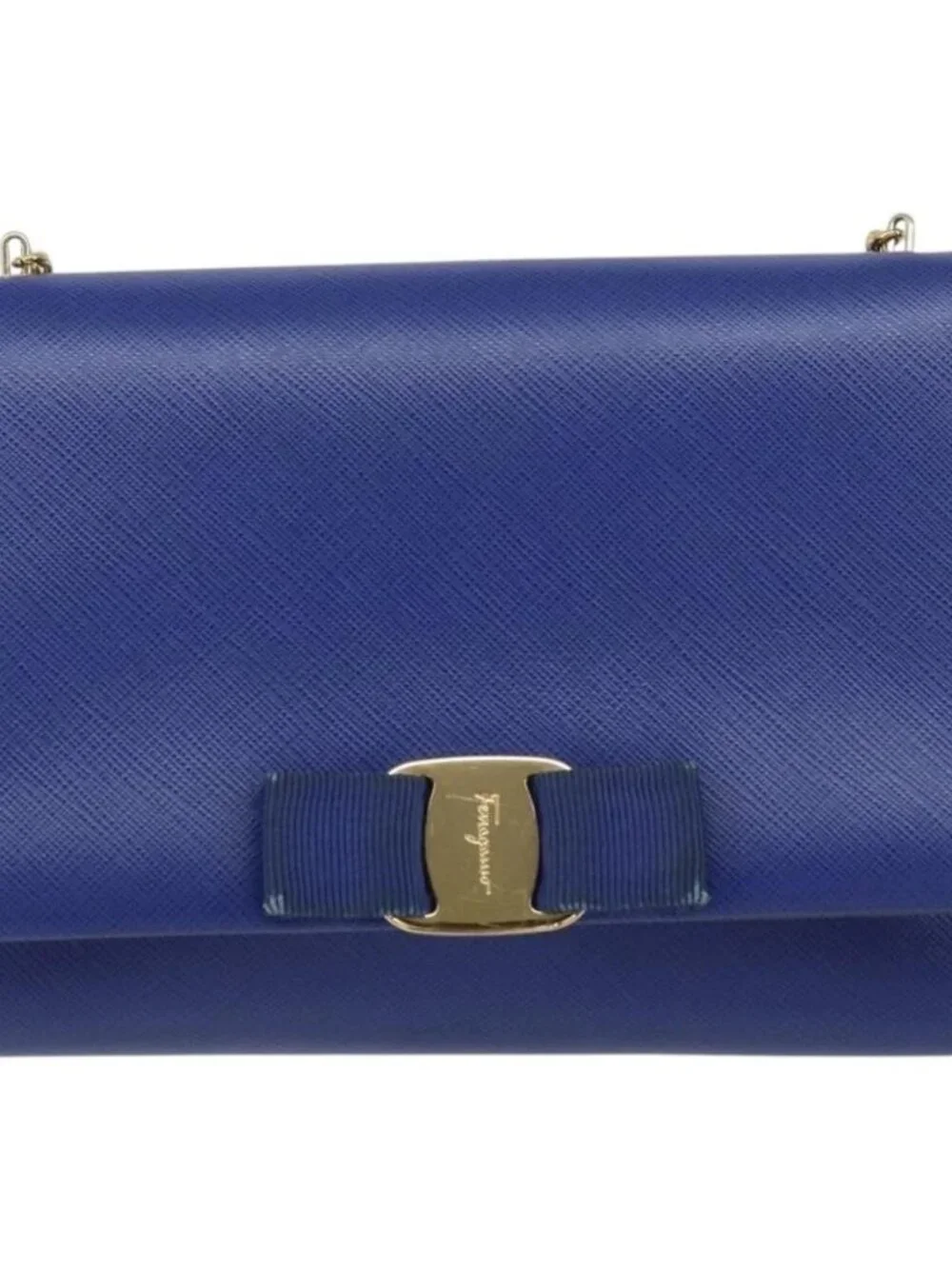 Salvatore Ferragamo Vala Chain Shoulder Bag Leather Blue Gold Auth 161081